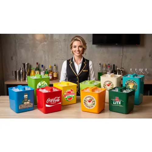 Long lasting ice bucket with tongs and chilled drinks